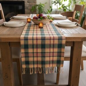 Plaid Table Runner 71" x 13" Boho Farmhouse Tasseled Fringe Harvest Home Decor